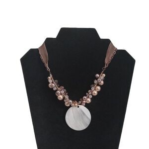 Cookie Lee Shades of Brown Ribbon Chain Double Strand Abalone Pendant Necklace